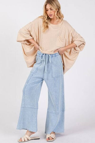 SAGE + FIG Waffle Textured Wide Leg Mineral Washed Pants - 1985 the VAULT Boutique