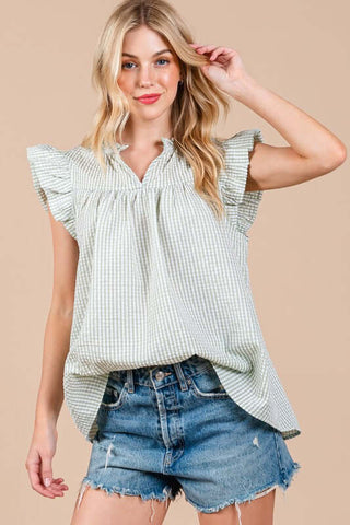 Ces Femme Plaid Notched Ruffled Cap Sleeve Blouse - 1985 the VAULT Boutique