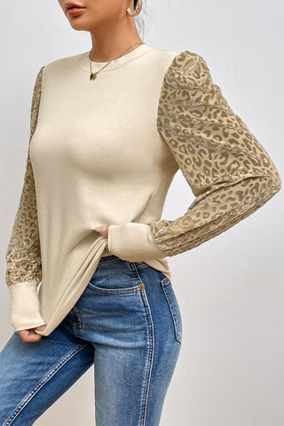 Leopard Print Long Sleeve Ribbed Knit Blouse - 1985 the VAULT Boutique