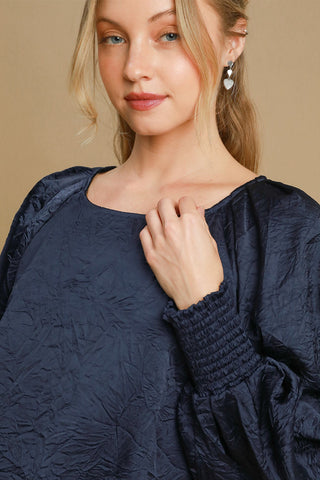 Umgee Wrinkled Round Neck Lantern Sleeve Blouse - 1985 the VAULT Boutique