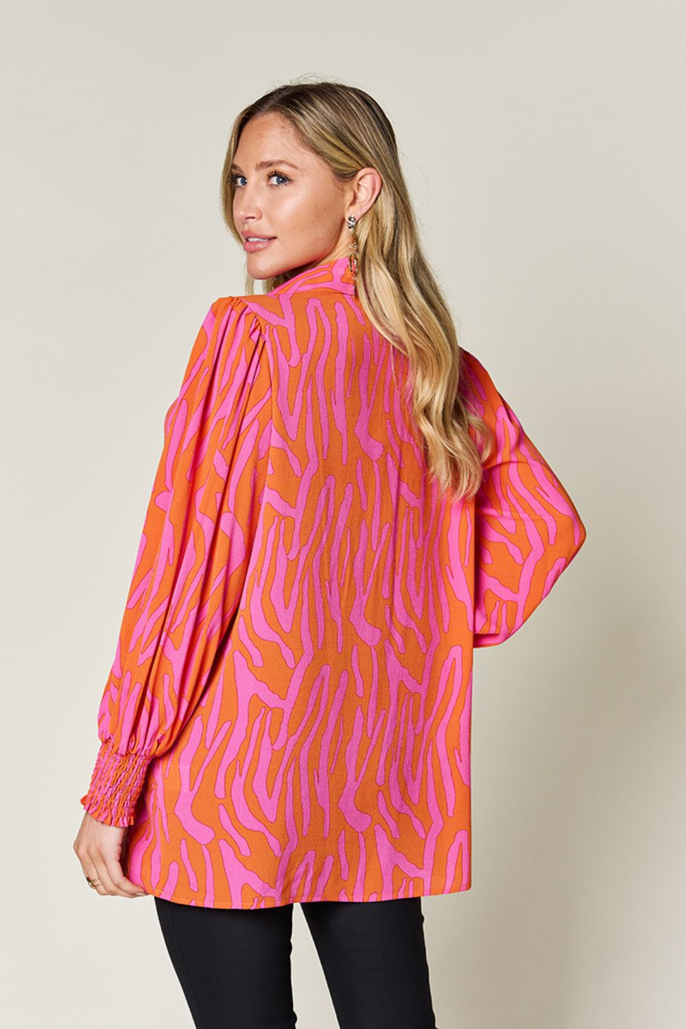 Double Take Full Size Printed Smocked Long Sleeve Blouse - 1985 the VAULT Boutique