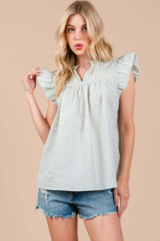 Ces Femme Plaid Notched Ruffled Cap Sleeve Blouse - 1985 the VAULT Boutique