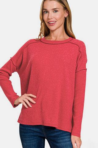 Zenana Full Size Exposed Seam Brushed Round Neck Sweater - 1985 the VAULT Boutique