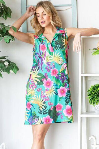 Heimish Full Size Floral Johnny Collar Sleeveless Dress Plus Size - 1985 the VAULT Boutique