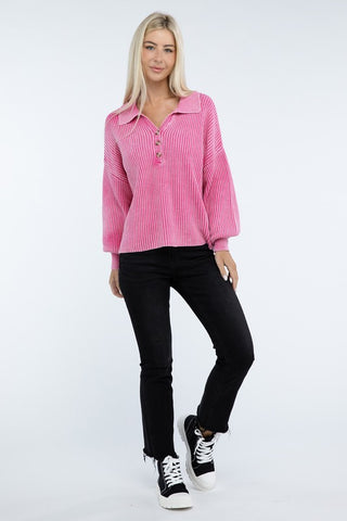 Washed Collared Henley Sweater - 1985 the VAULT Boutique