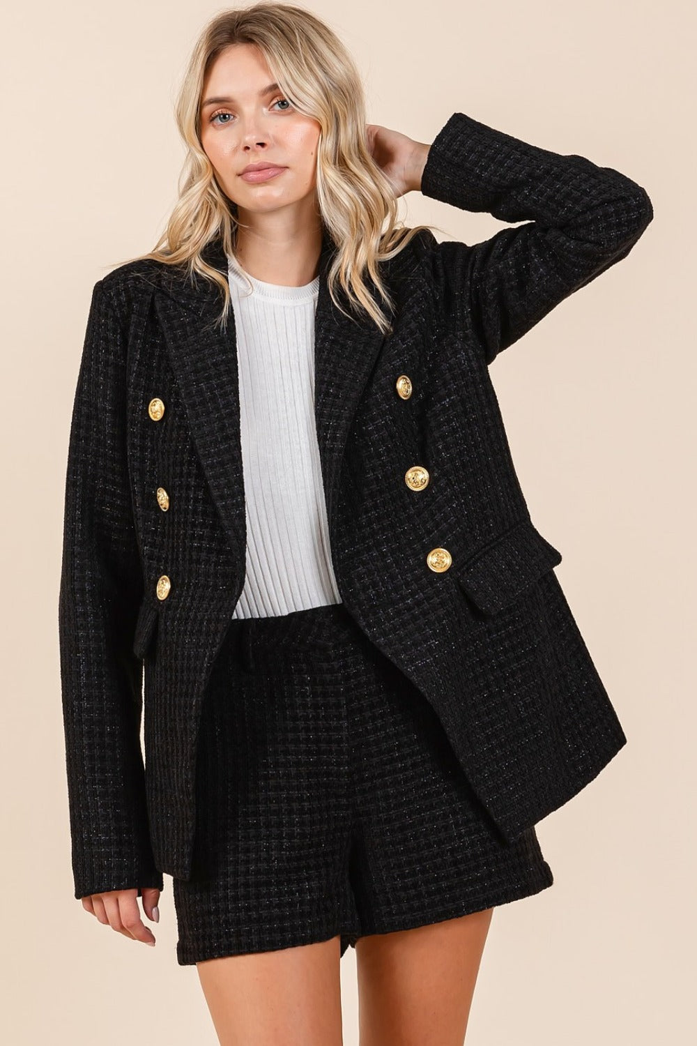 Mittoshop Plaid Texture Double-Breasted Long Sleeve Blazer - 1985 the VAULT Boutique