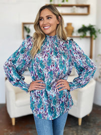 Double Take Full Size Printed Smocked Long Sleeve Blouse - 1985 THE VAULT