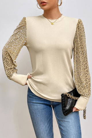 Leopard Print Long Sleeve Ribbed Knit Blouse - 1985 the VAULT Boutique