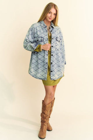 Davi & Dani Curved Hem Diamond Quilted Button Up Denim Shacket - 1985 the VAULT Boutique