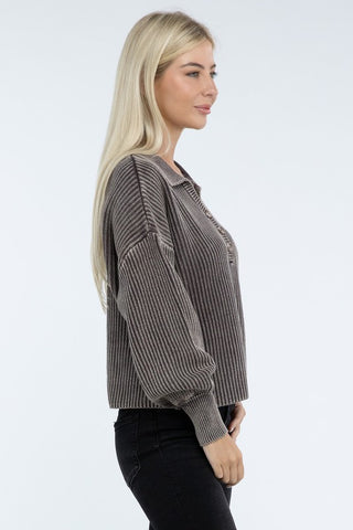 Washed Collared Henley Sweater - 1985 the VAULT Boutique