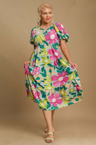 Umgee Full Size Tiered Floral Print Notched Puff Sleeve Midi Dress Plus Size - 1985 the VAULT Boutique