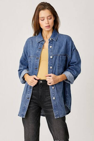 RISEN Button Up Drop Shoulder Denim Shacket - 1985 the VAULT Boutique