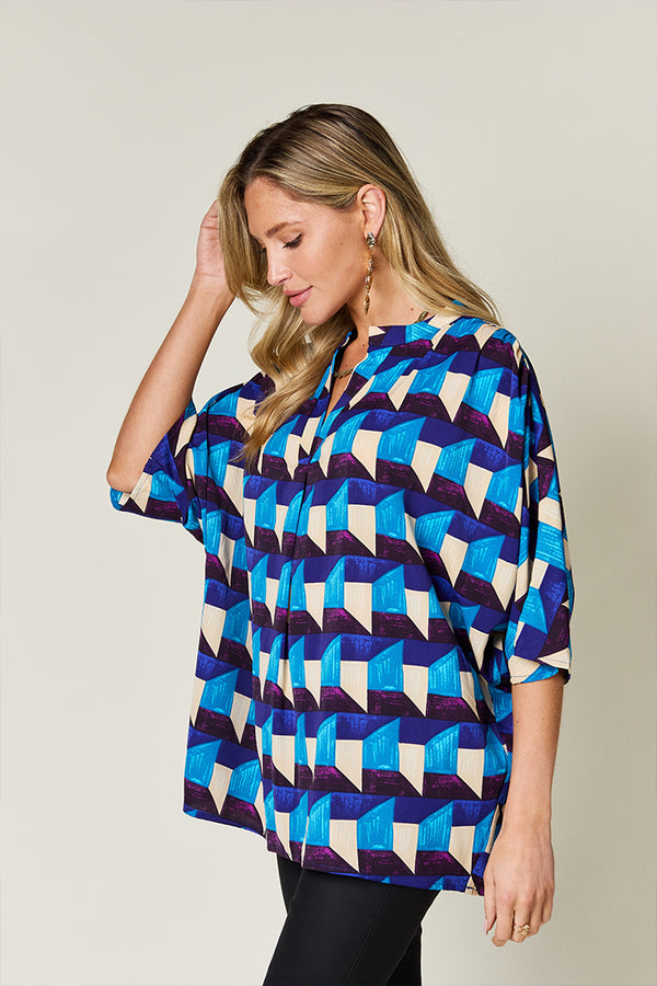 Double Take Full Size Geometric Notched Half Sleeve Blouse - 1985 THE VAULT