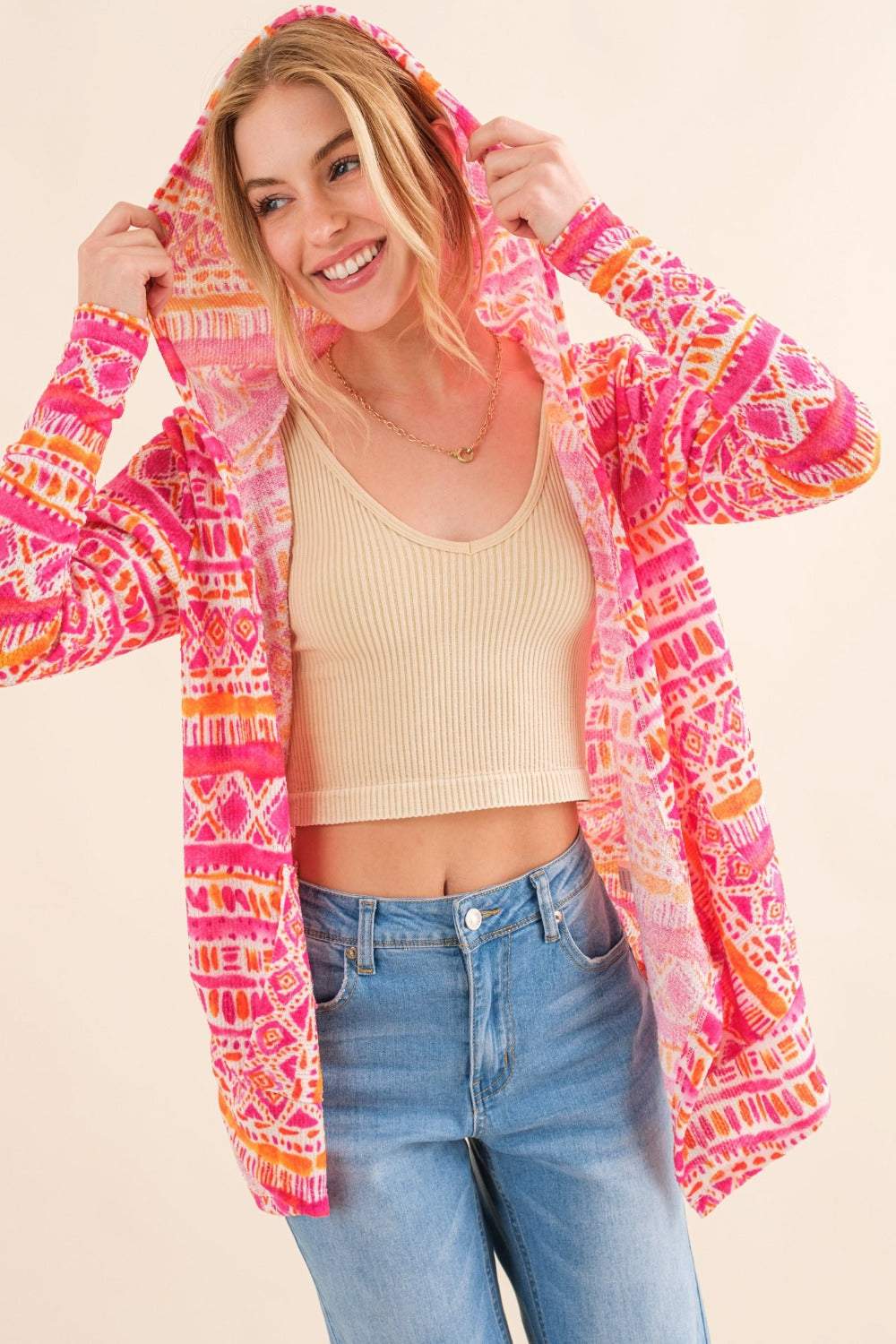 And The Why Full Size Printed Thermal Hooded Open Front Cardigan - 1985 the VAULT Boutique