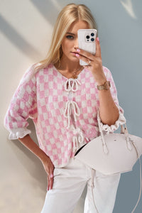 Double Take Tied Checkered Dropped Shoulder Flounce Sleeve Cardigan - 1985 the VAULT Boutique