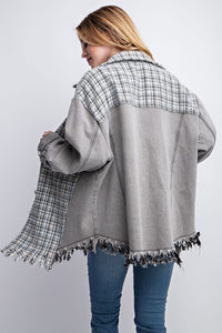 TWEED MIXED DENIM JACKET SHACKET WITH FRINGED HEM - 1985 the VAULT Boutique