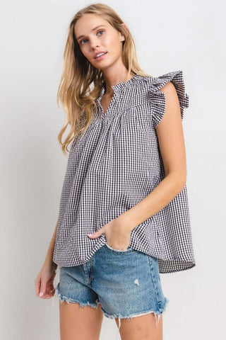 Ces Femme Plaid Notched Ruffled Cap Sleeve Blouse - 1985 the VAULT Boutique