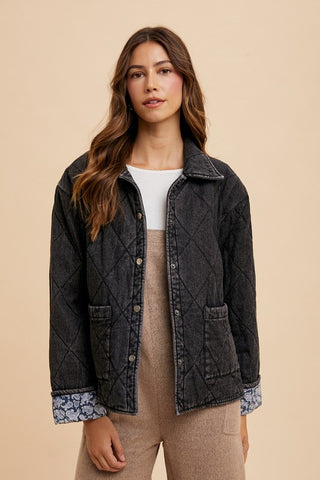 Annie Wear Quilted Printed Lining Snap Down Denim Jacket - 1985 the VAULT Boutique