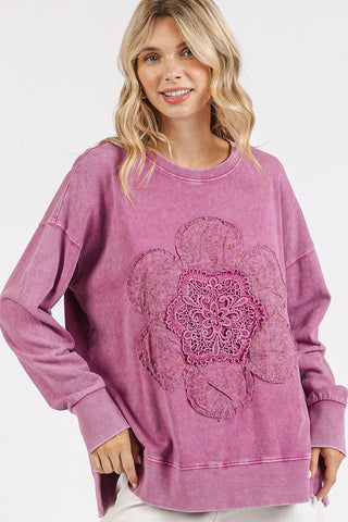 Mittoshop Flower Patch Side Slit Mineral Wash Round Neck Sweatshirt - 1985 the VAULT Boutique