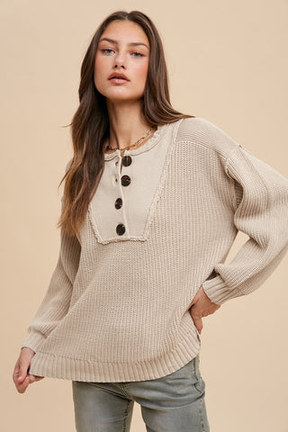 Annie Wear Half Button Ribbed Hem Sweater - 1985 the VAULT Boutique