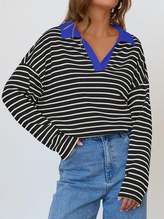 Mandy Striped Johnny Collar Long Sleeve Sweatshirt - 1985 the VAULT Boutique