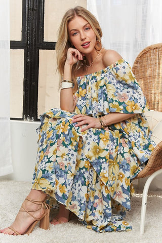 ADORA Layered Floral Off-Shoulder Short Sleeve Maxi Dress - 1985 the VAULT Boutique