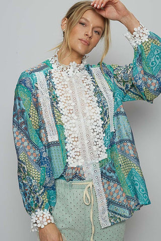 POL Lace Detail Printed Button Down Shirt - 1985 the VAULT Boutique