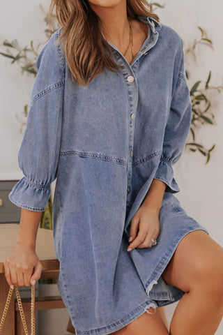 Distressed Collared Neck Flounce Sleeve Denim Dress - 1985 the VAULT Boutique