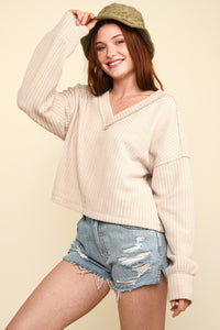 VERY J Exposed Seam V-Neck Ribbed Knit Top - 1985 the VAULT Boutique