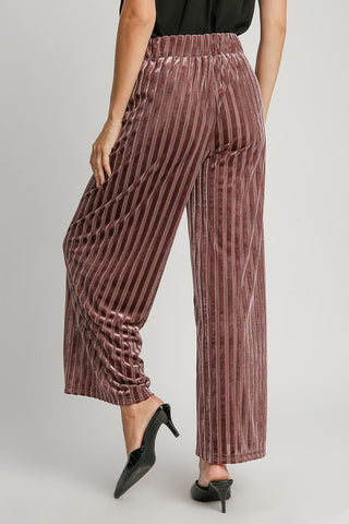 Umgee Full Size Elastic Waist Striped Wide Leg Velvet Pants - 1985 the VAULT Boutique