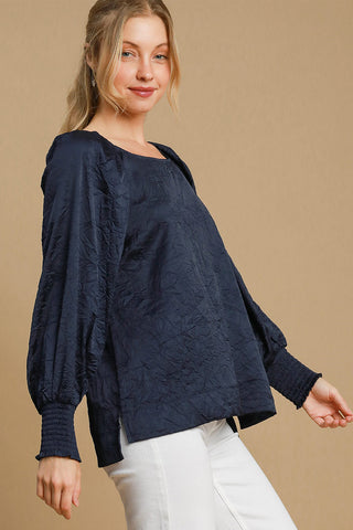 Umgee Wrinkled Round Neck Lantern Sleeve Blouse - 1985 the VAULT Boutique