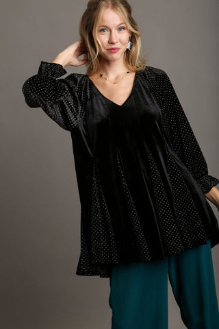 Umgee Godet Hem Polka Dot V-Neck Blouse - 1985 the VAULT Boutique