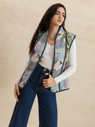 Printed Patchwork Contrast Piping Vest - 1985 the VAULT Boutique