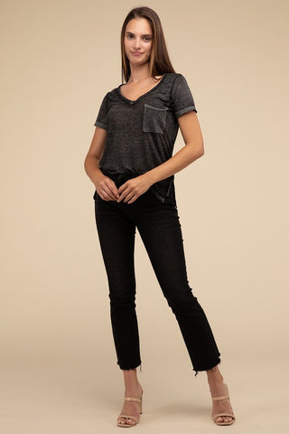 Basic Washed Melange Burnout Scoop V-Neck Top - 1985 the VAULT Boutique