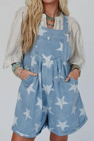 Star Print Square Neck Denim Overalls - 1985 the VAULT Boutique