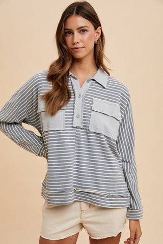 Annie Wear Striped Button Detail Long Sleeve Polo Top - 1985 the VAULT Boutique