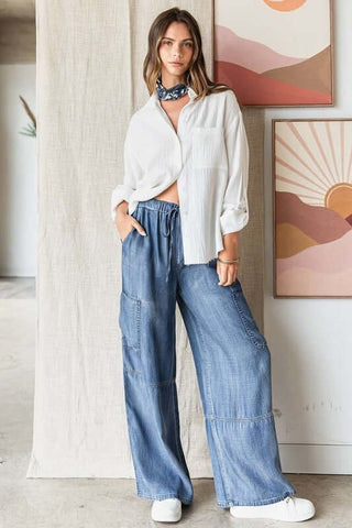 Mittoshop Washed Elastic Waist Cargo Wide Leg Pants - 1985 the VAULT Boutique