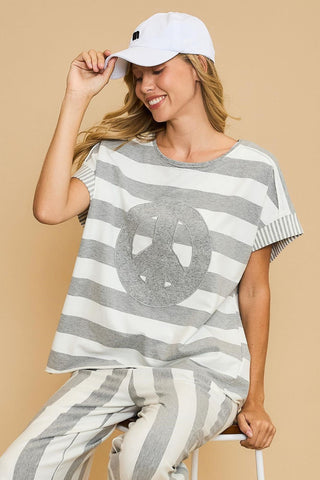 Umgee Peace Sign Patch Striped French Terry T-Shirt - 1985 the VAULT Boutique