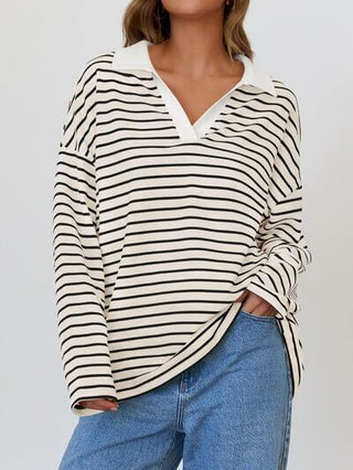 Mandy Striped Johnny Collar Long Sleeve Sweatshirt - 1985 the VAULT Boutique