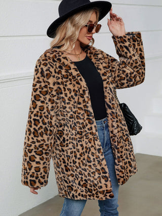 Fuzzy Leopard Hooded Long Sleeve Jacket - 1985 the VAULT Boutique