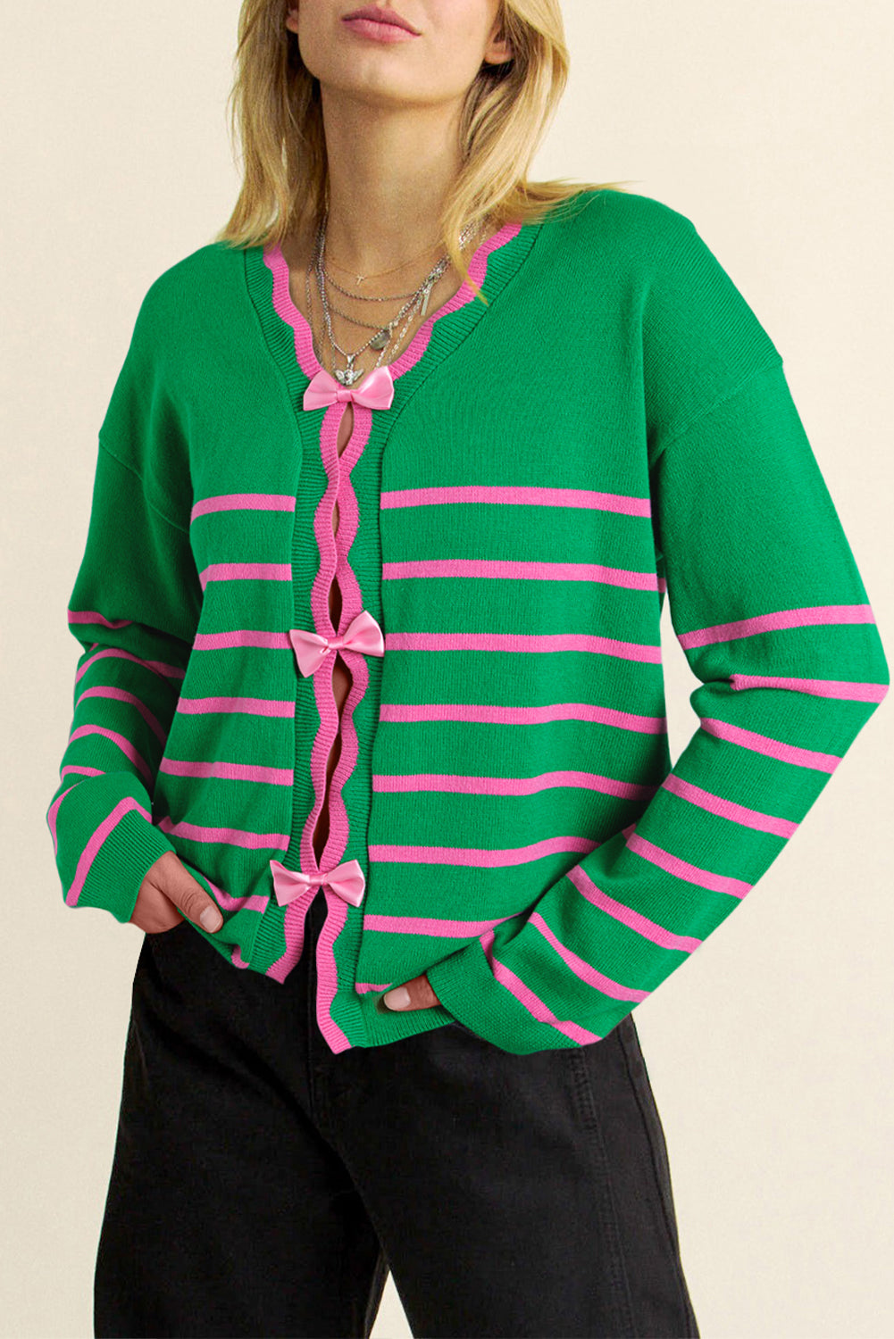 Bow Striped V-Neck Long Sleeve Cardigan - 1985 the VAULT Boutique