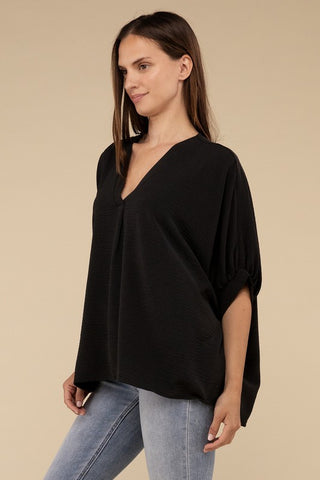 Woven Airflow V-Neck Puff Half Sleeve Top - 1985 the VAULT Boutique