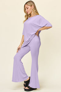 Double Take Full Size Round Neck Drop Shoulder T-Shirt and Flare Pants Set - 1985 the VAULT Boutique