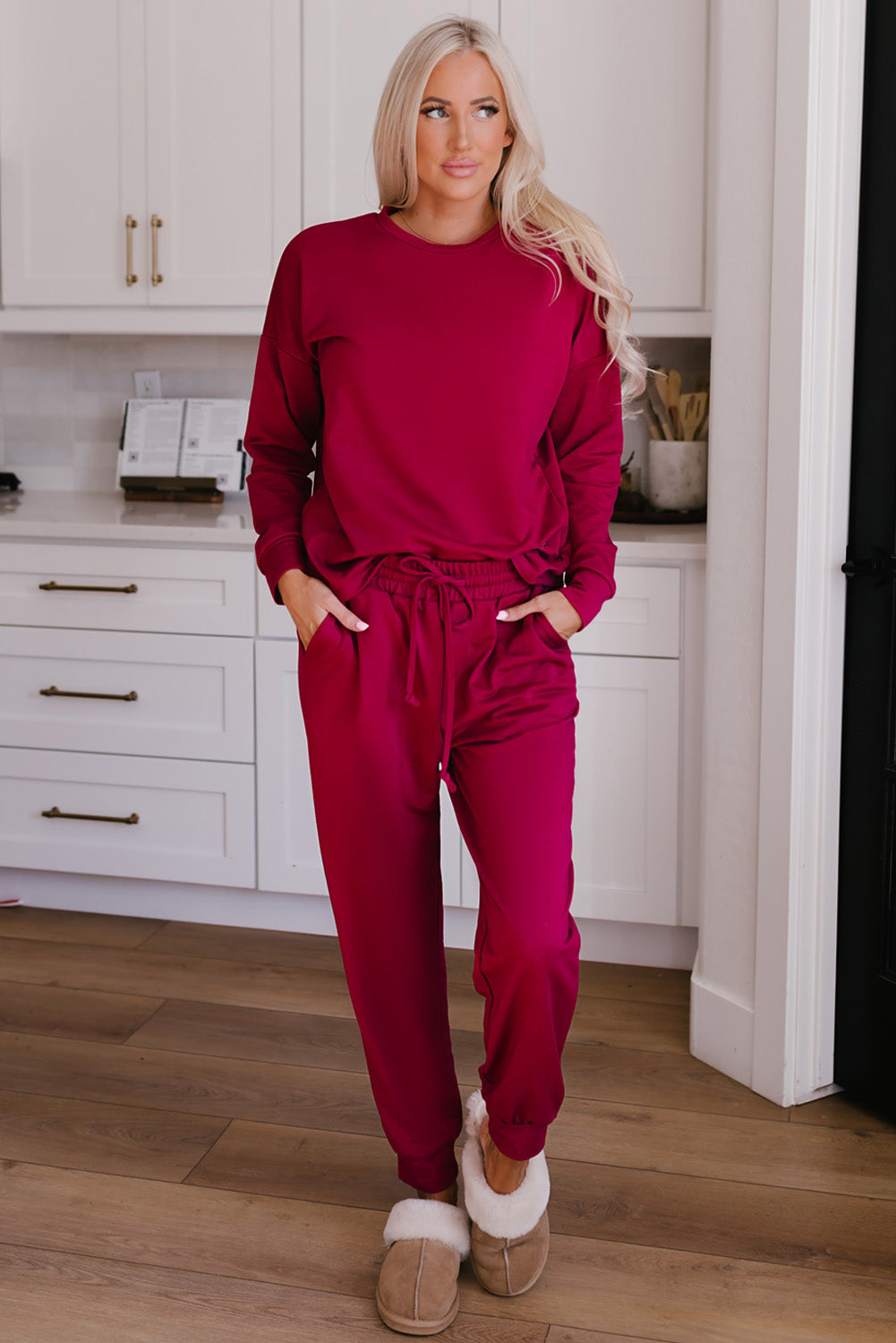 Round Neck Top and Drawstring Pants Lounge Set - 1985 the VAULT Boutique