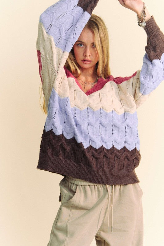 Davi & Dani Wavy Texture Color Block V-Neck Sweater - 1985 the VAULT Boutique