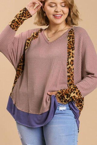 Umgee Full Size Leopard High-Low Dolman Sleeve Waffle Knit Top Plus Size - 1985 the VAULT Boutique