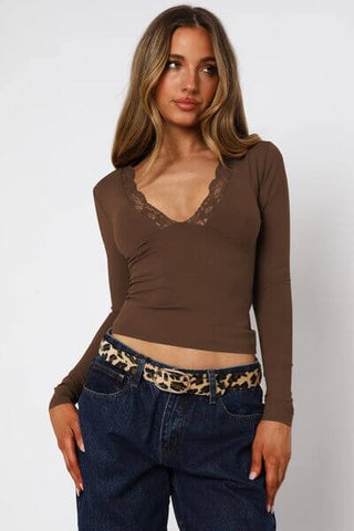 Basic Lace Detail V-Neck Long Sleeve T-Shirt - 1985 the VAULT Boutique