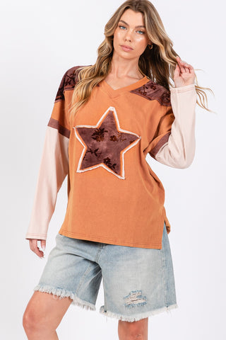 SAGE + FIG Star Patch Long Sleeve Color Block T-Shirt - 1985 the VAULT Boutique