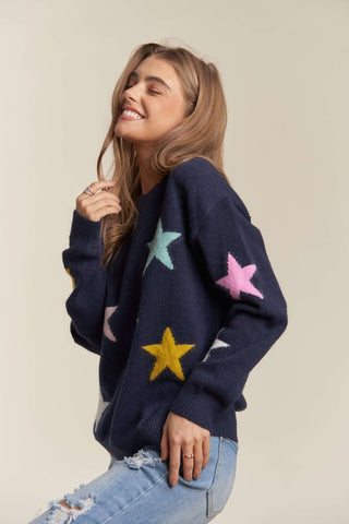 ADORA Stars Pattern Round Neck Drop Shoulder Sweater - 1985 the VAULT Boutique