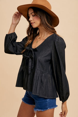 Annie Wear Tie Front Peplum Long Sleeve Denim Top - 1985 the VAULT Boutique